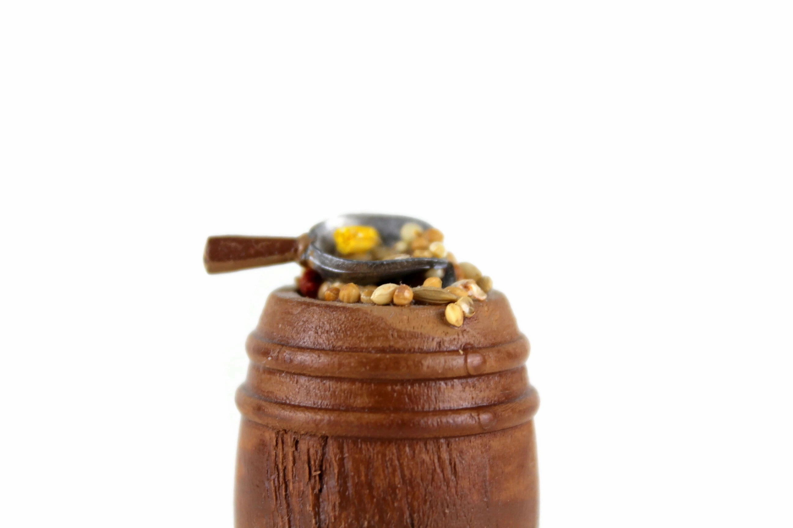 Vintage 1:12 Miniature Dollhouse Wooden Barrel of Birdseed with Scoop