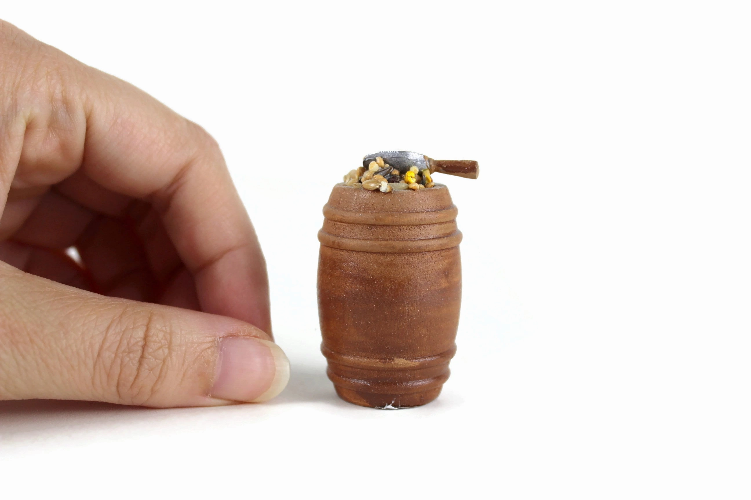 Vintage 1:12 Miniature Dollhouse Wooden Barrel of Birdseed with Scoop