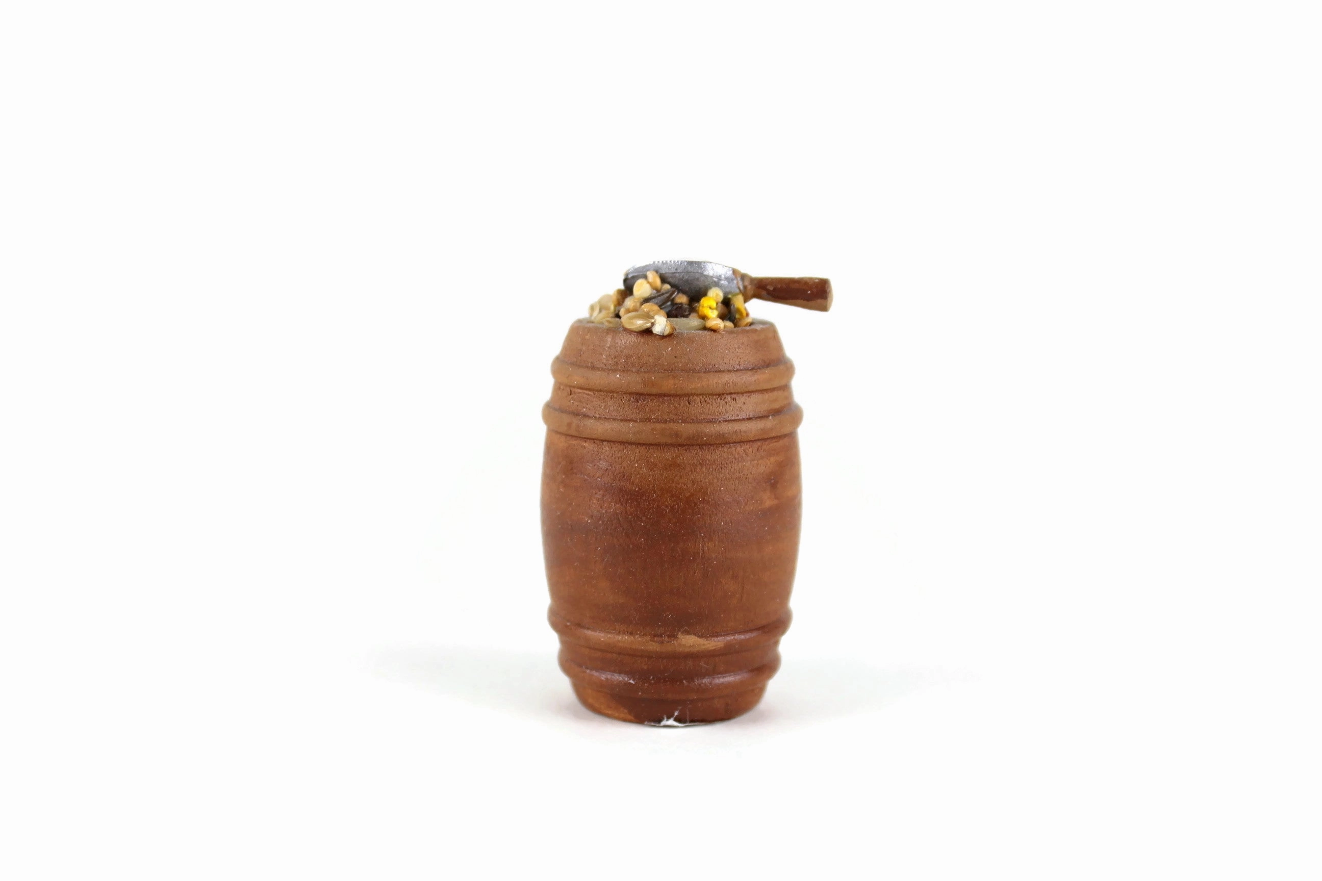 Vintage 1:12 Miniature Dollhouse Wooden Barrel of Birdseed with Scoop
