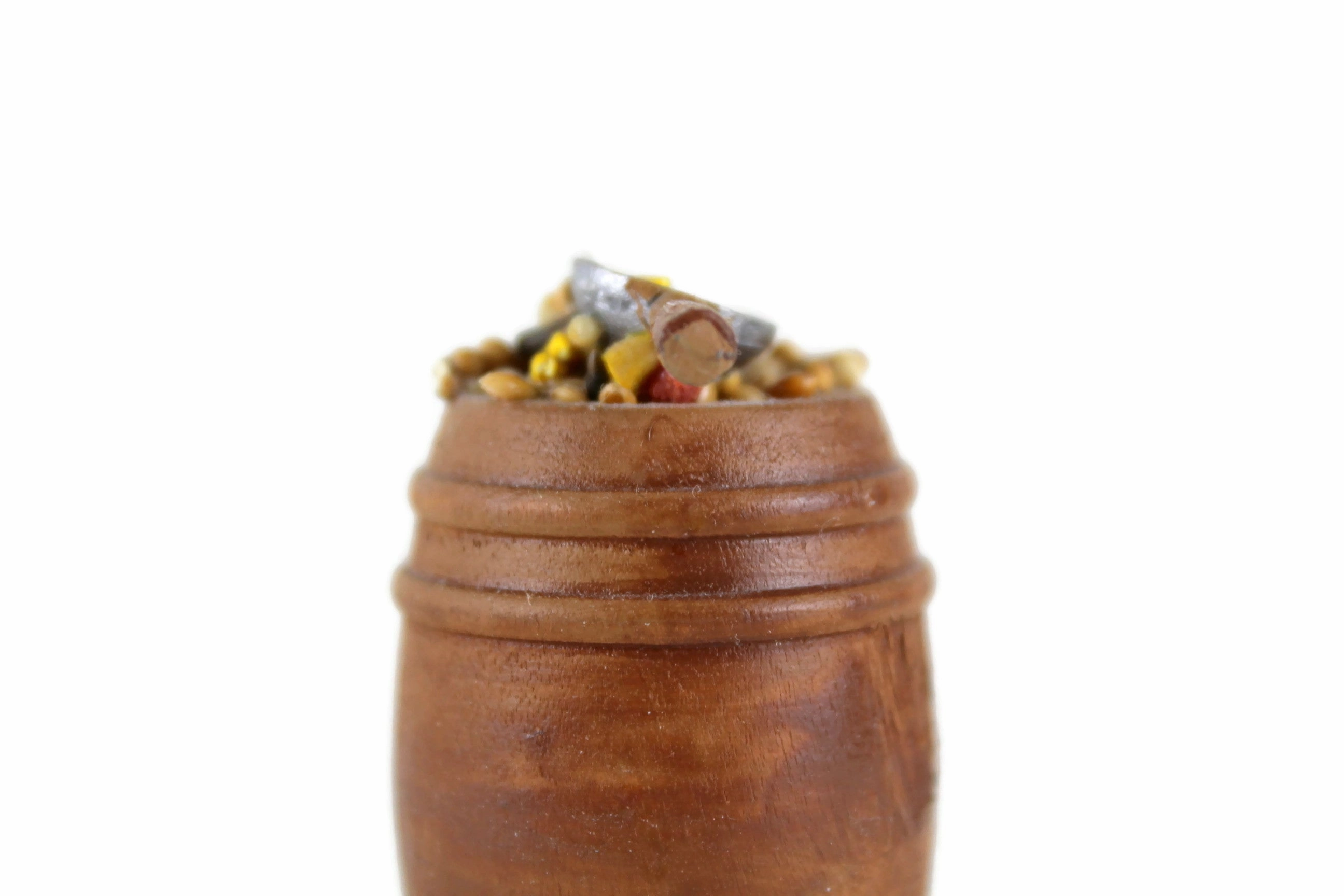 Vintage 1:12 Miniature Dollhouse Wooden Barrel of Birdseed with Scoop