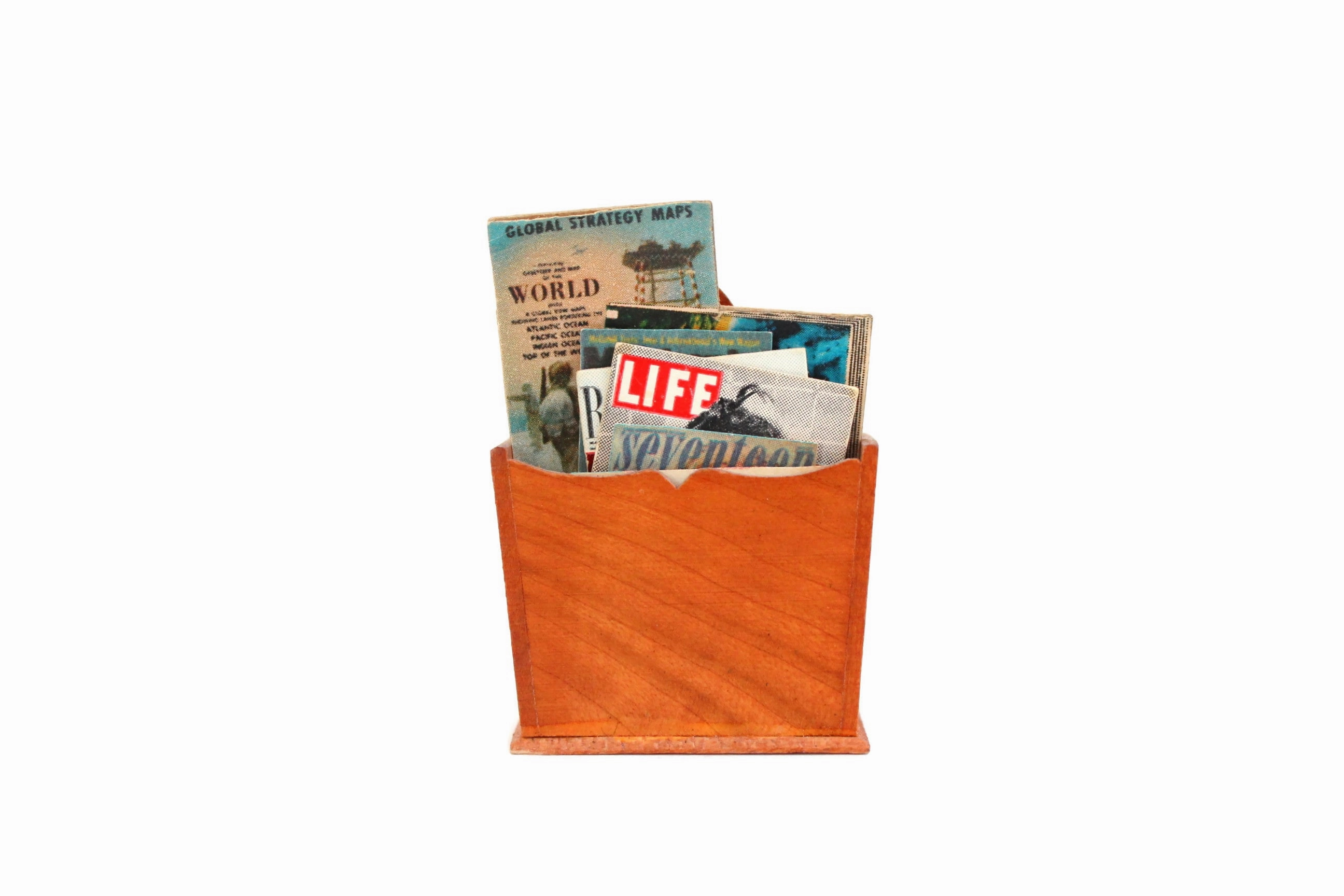 Vintage 1:12 Miniature Dollhouse Wooden Magazine Rack with Magazines
