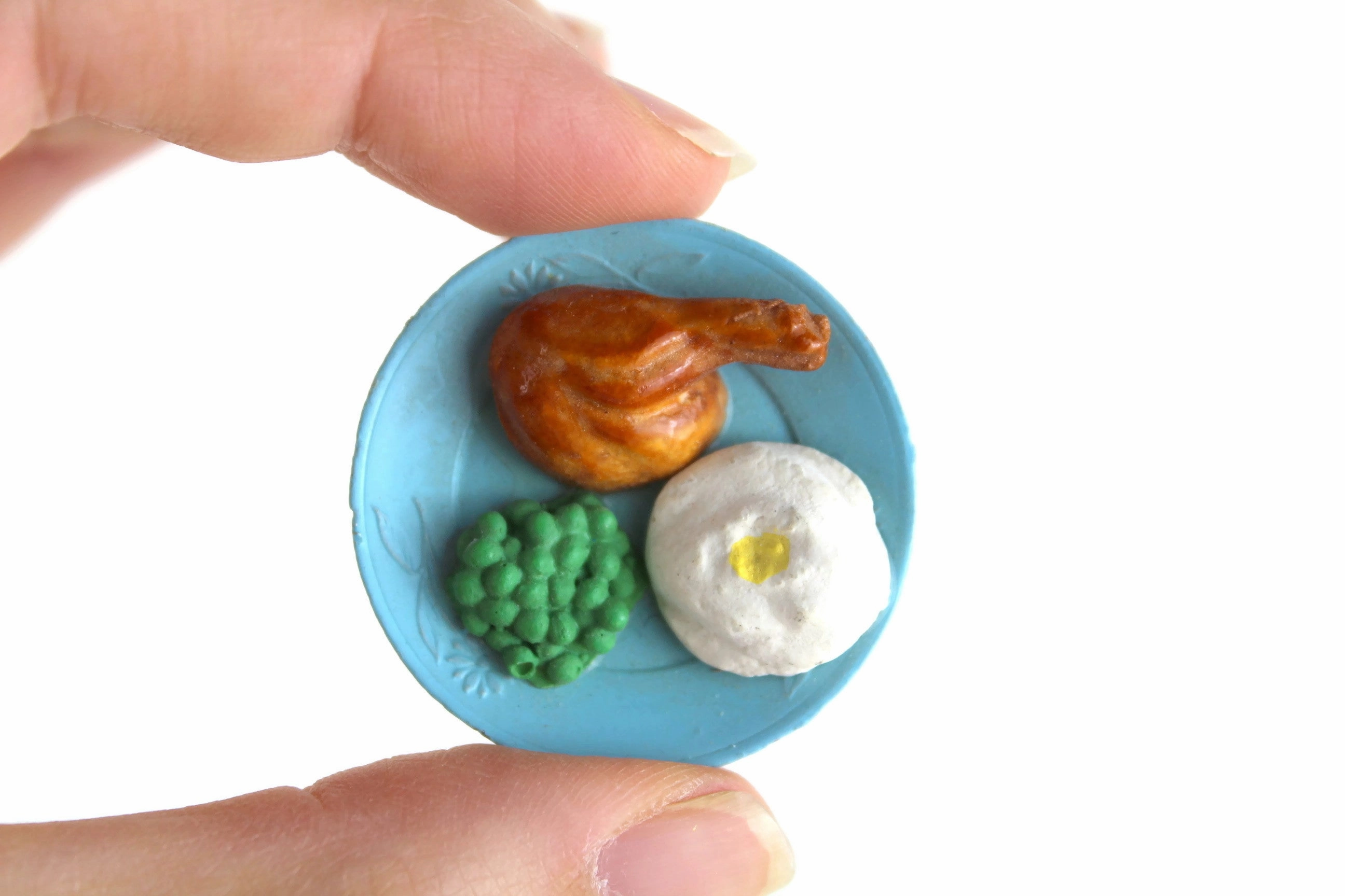 Vintage 1:6 Miniature Dollhouse Dinner Plate with Turkey Leg, Potatoes & Peas