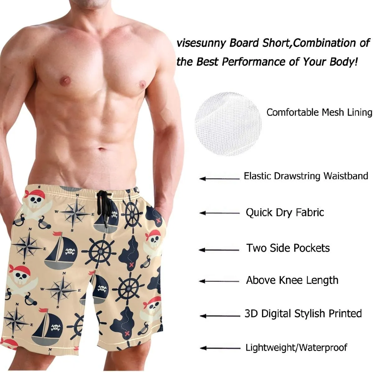 visesunny Fashion Funny Style Men's Beach Shorts Swim Trunks Quick Dry Casual Polyester Swim Shorts with Pockets S-XXL