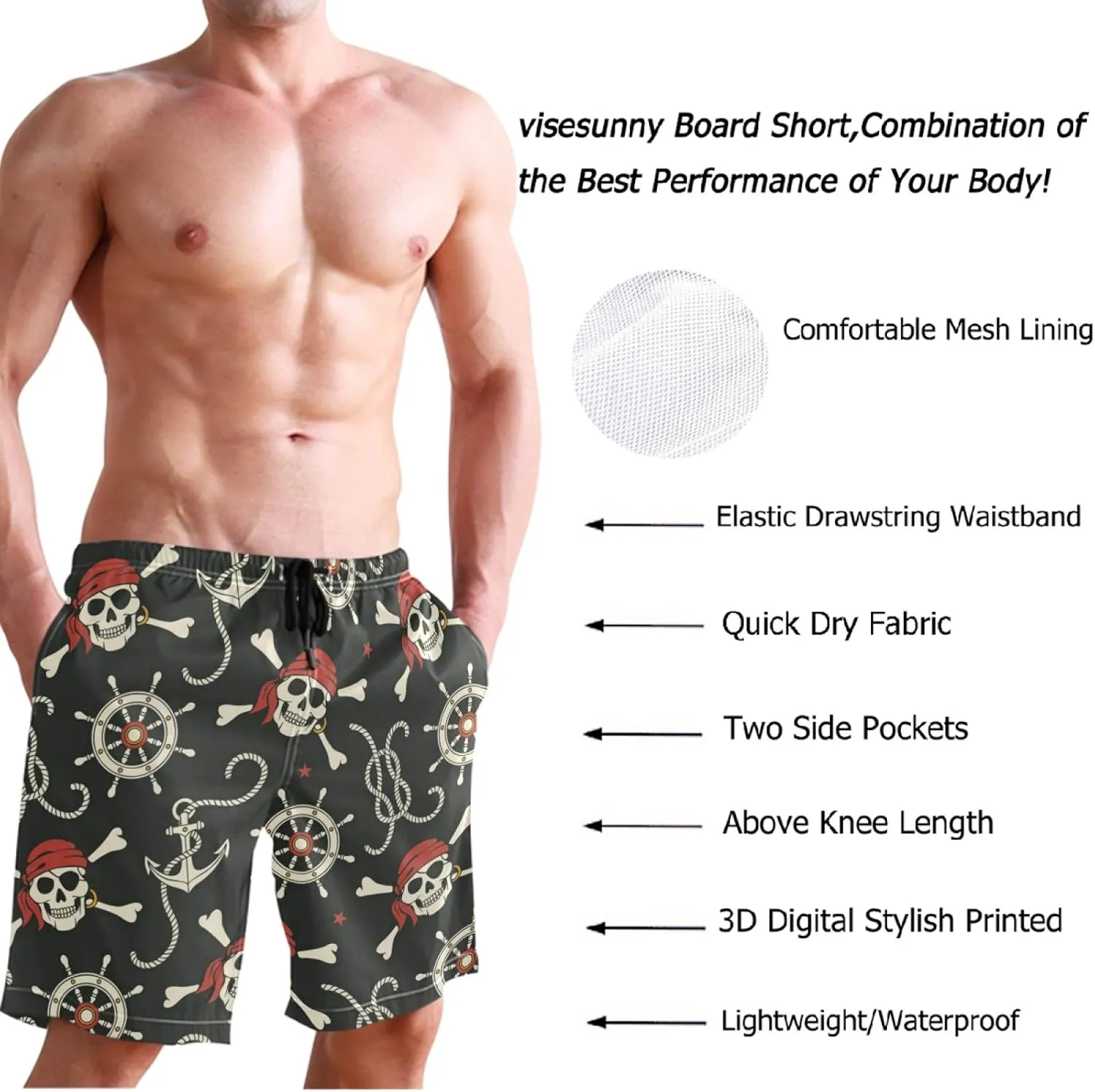 visesunny Fashion Funny Style Men's Beach Shorts Swim Trunks Quick Dry Casual Polyester Swim Shorts with Pockets S-XXL