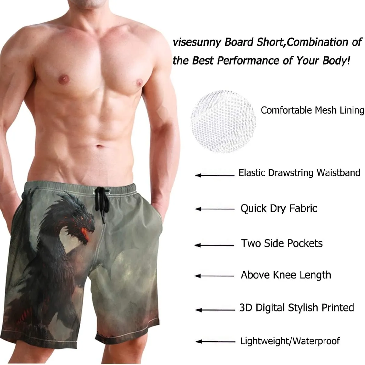 visesunny Fashion Funny Style Men's Beach Shorts Swim Trunks Quick Dry Casual Polyester Swim Shorts with Pockets S-XXL