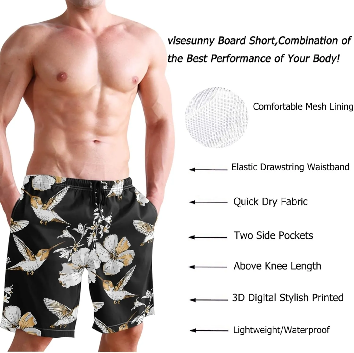 visesunny Fashion Funny Style Men's Beach Shorts Swim Trunks Quick Dry Casual Polyester Swim Shorts with Pockets S-XXL