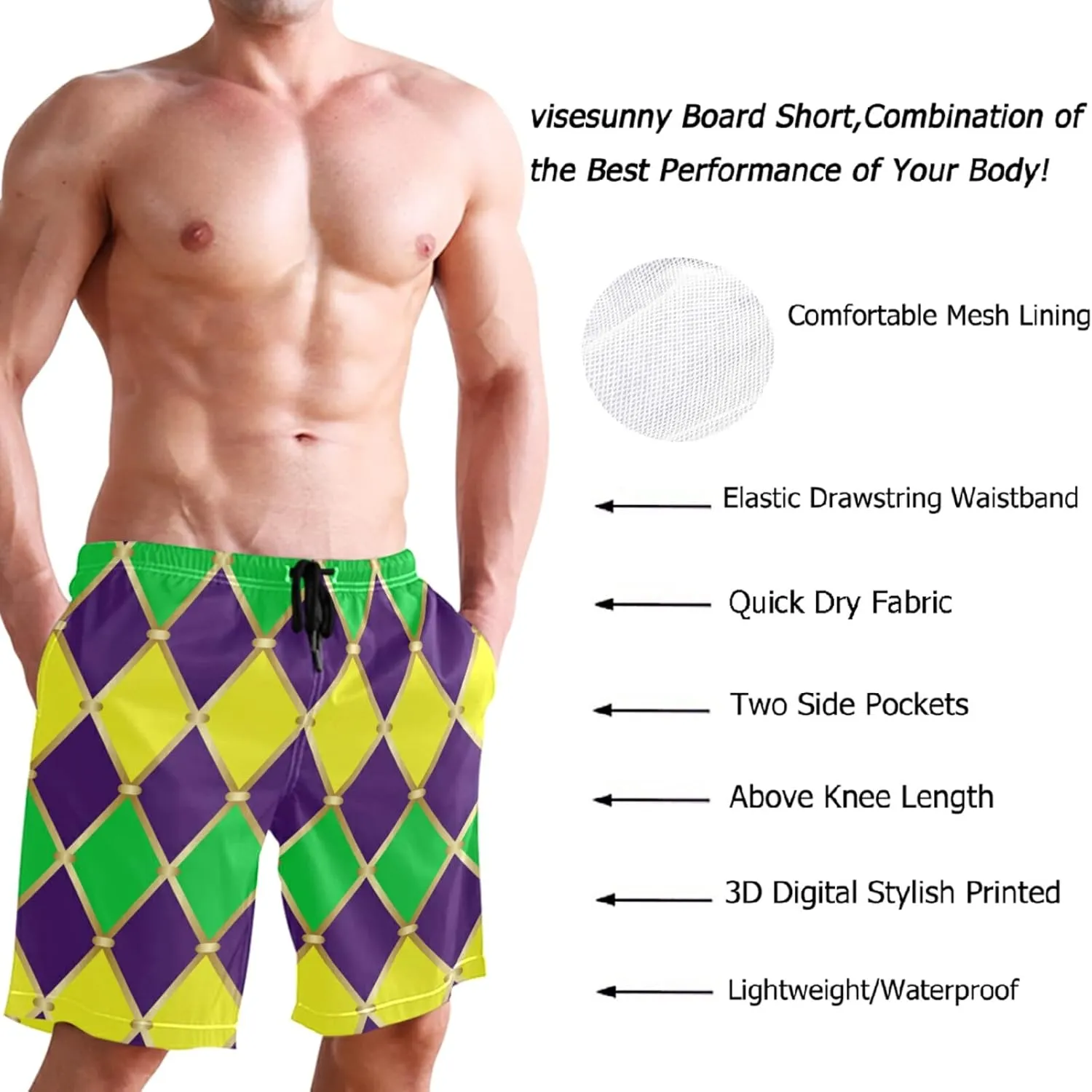 visesunny Fashion Men's Novelty Swim Trunks Quick Dry Swimwear Summer Beach Sports Board Shorts Floral Bathing Suit