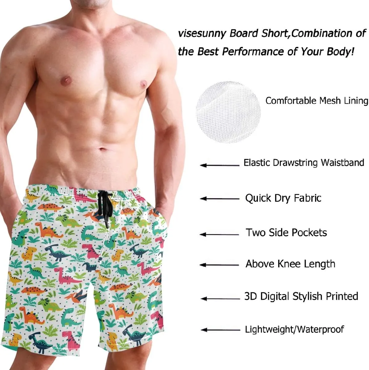 visesunny New Summer Men's Swim Trunks Quick Dry Bathing Suits Holiday Beach Short Casual Board Shorts