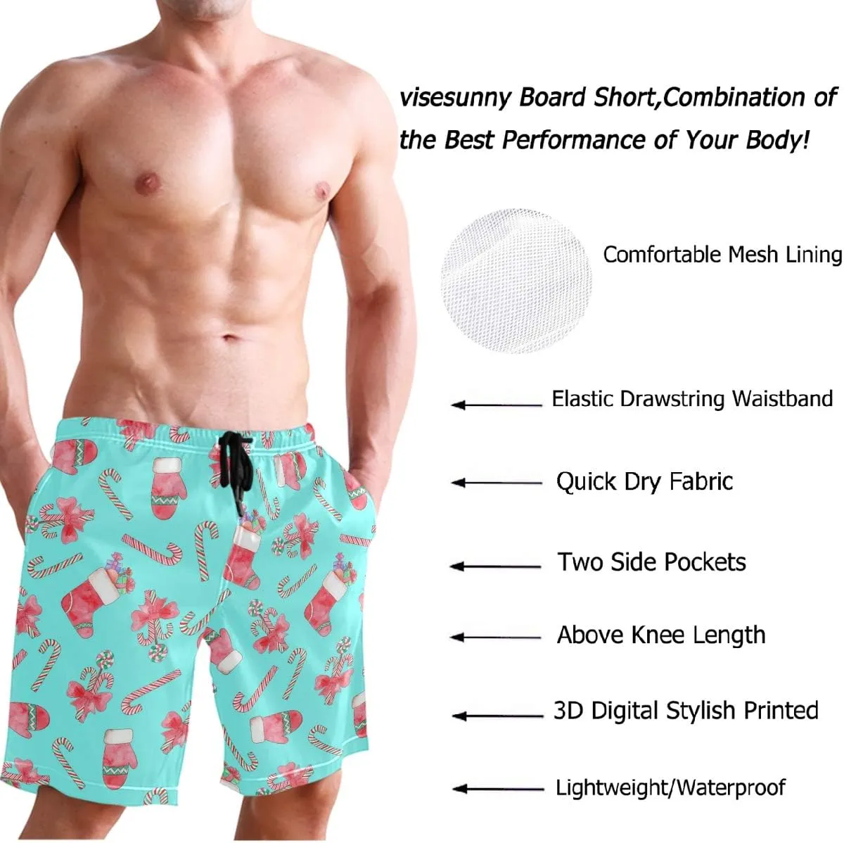 visesunny New Summer Men's Swim Trunks Quick Dry Bathing Suits Holiday Beach Short Casual Board Shorts