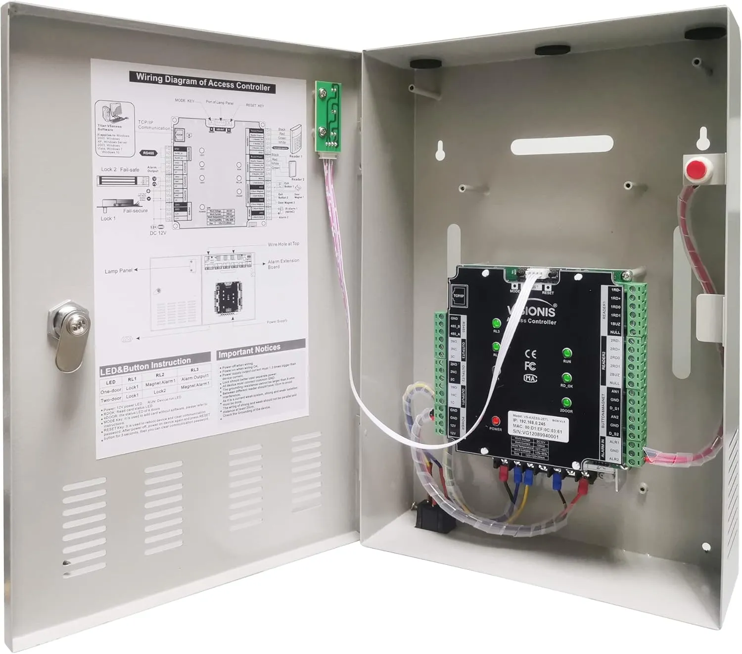 Visionis FPC-6134 Two Doors Access Control For In Swing Door Electric 600lbs Mag Lock Time Attendance TCP/IP Wiegand Controller Box, Black Indoor/Outdoor Card Reader, Software   20,000 Users Kit