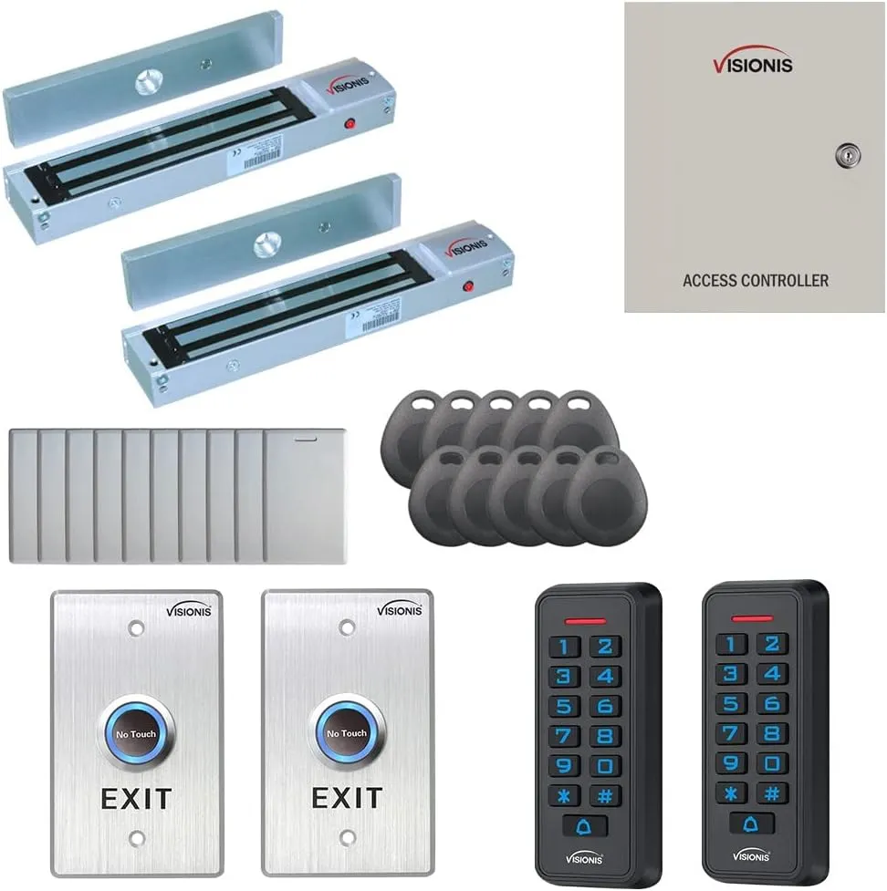 Visionis FPC-7279 Two Door Access Control for Outswing Door 600lbs MagLock Time Attendance TCP/IP Wiegand Controller, Black Card Reader and Keypad, 10,000 Users Software Included