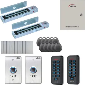 Visionis FPC-7279 Two Door Access Control for Outswing Door 600lbs MagLock Time Attendance TCP/IP Wiegand Controller, Black Card Reader and Keypad, 10,000 Users Software Included