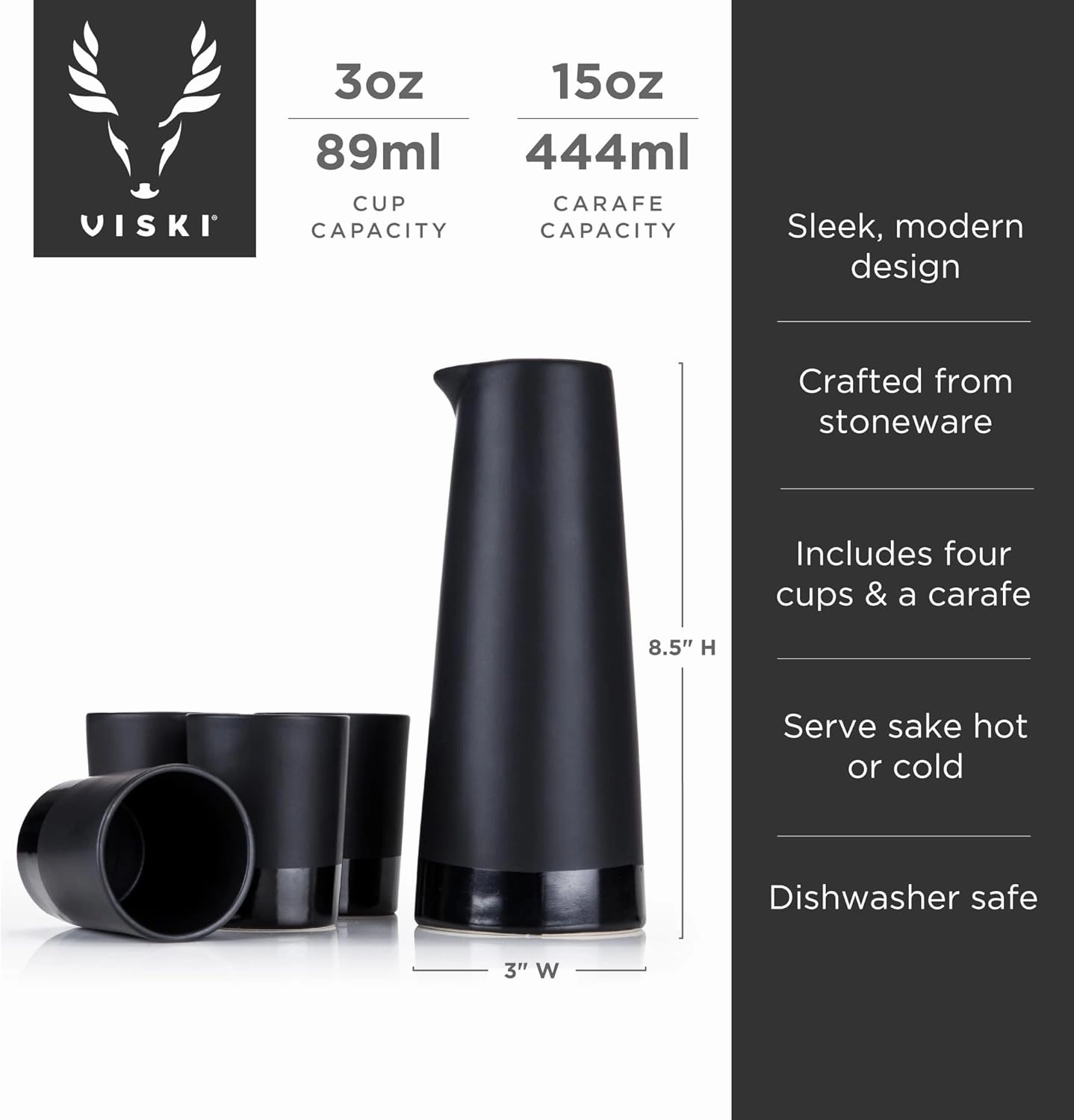 Viski Harrison Sake Gift Set, Pitcher and Tumbler set for Sake, Japanese Style Sake Stoneware, Four 3 oz cups and 15 oz Carafe, Set of 5, Matte Black