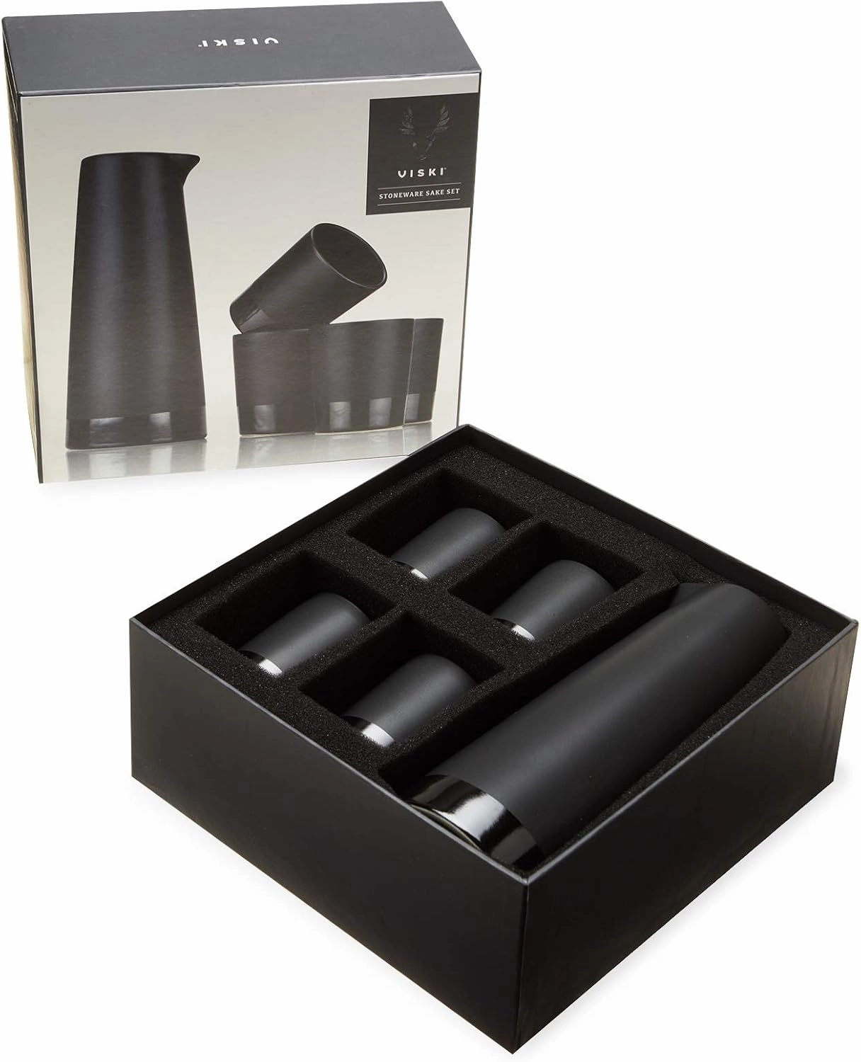 Viski Harrison Sake Gift Set, Pitcher and Tumbler set for Sake, Japanese Style Sake Stoneware, Four 3 oz cups and 15 oz Carafe, Set of 5, Matte Black