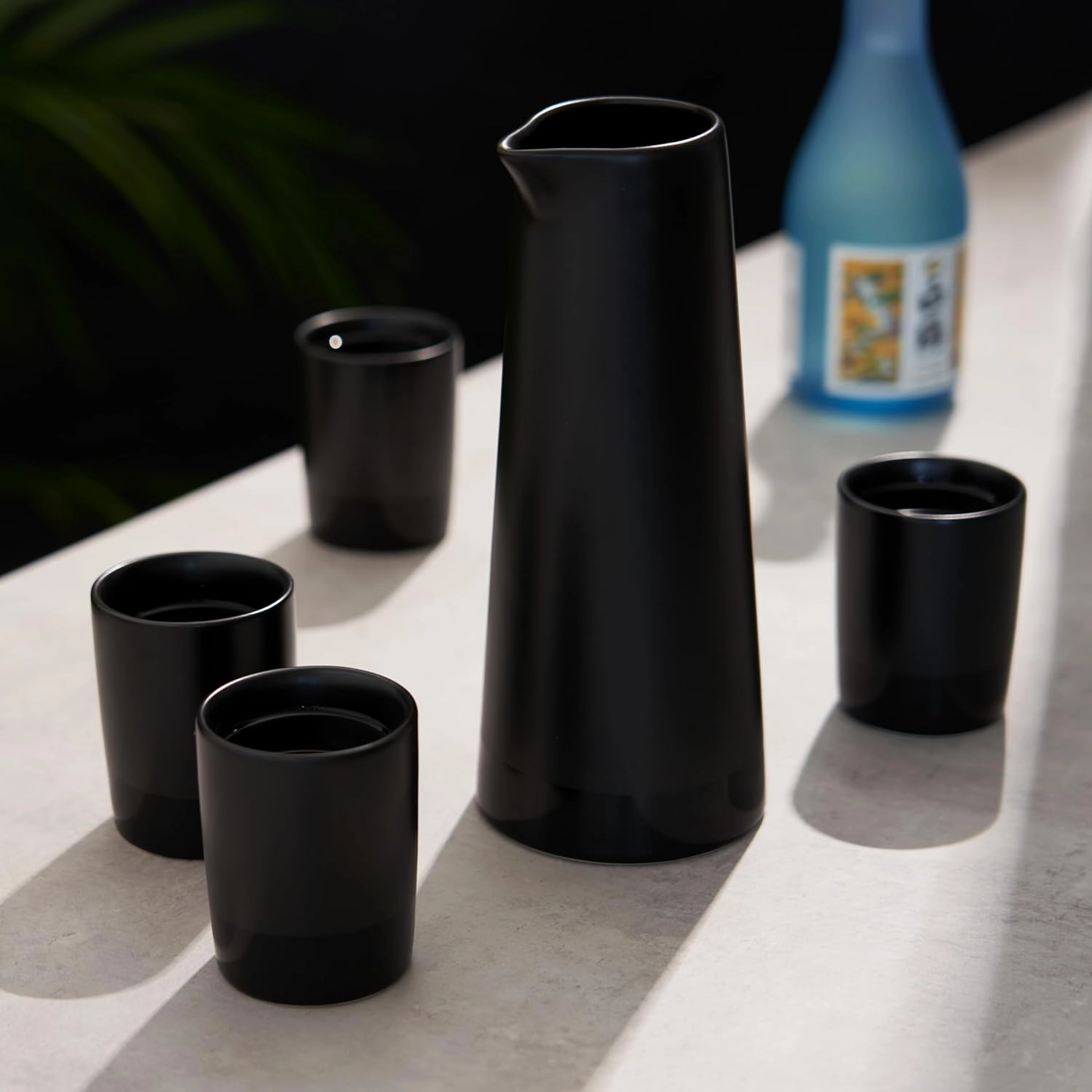 Viski Harrison Sake Gift Set, Pitcher and Tumbler set for Sake, Japanese Style Sake Stoneware, Four 3 oz cups and 15 oz Carafe, Set of 5, Matte Black