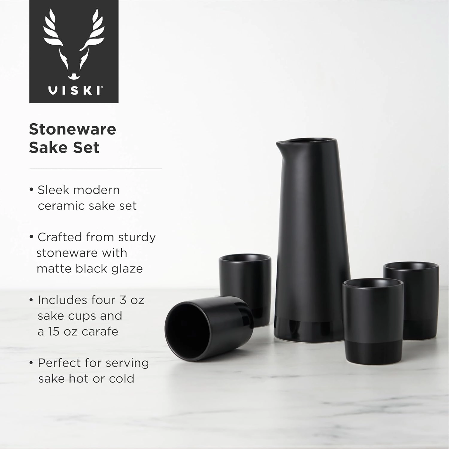 Viski Harrison Sake Gift Set, Pitcher and Tumbler set for Sake, Japanese Style Sake Stoneware, Four 3 oz cups and 15 oz Carafe, Set of 5, Matte Black