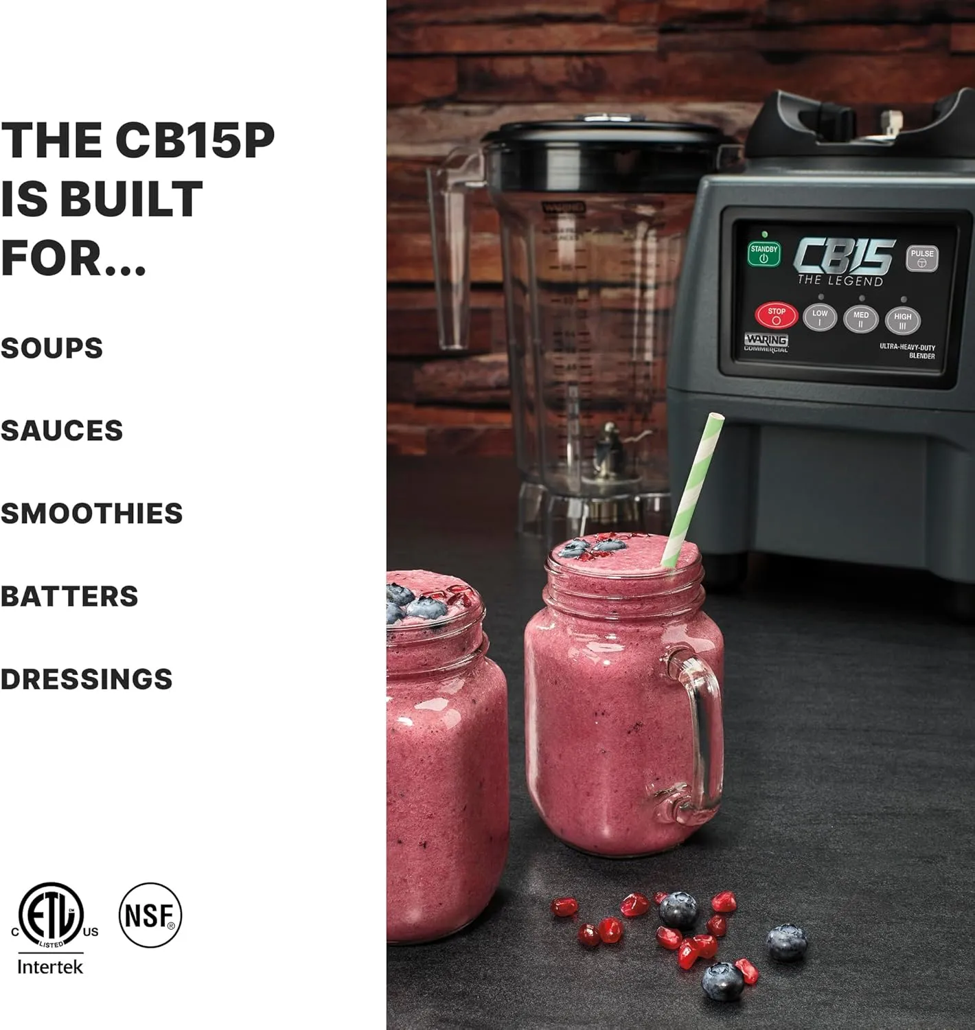 Waring Commercial CB15P Ultra Heavy Duty 3.75 HP Blender, Electric Touchpad Controls with BPA Free Copolyester 1 Gallon Container, 120V. 5-15 Phase Plug,Stainless Steel, Black