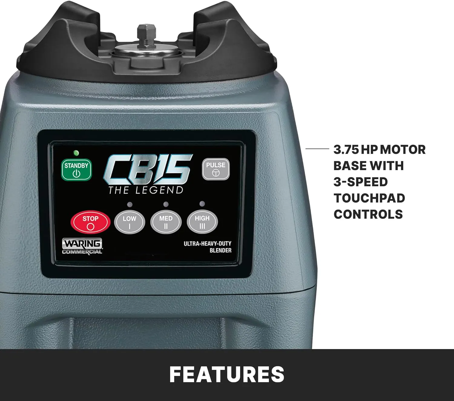 Waring Commercial CB15P Ultra Heavy Duty 3.75 HP Blender, Electric Touchpad Controls with BPA Free Copolyester 1 Gallon Container, 120V. 5-15 Phase Plug,Stainless Steel, Black