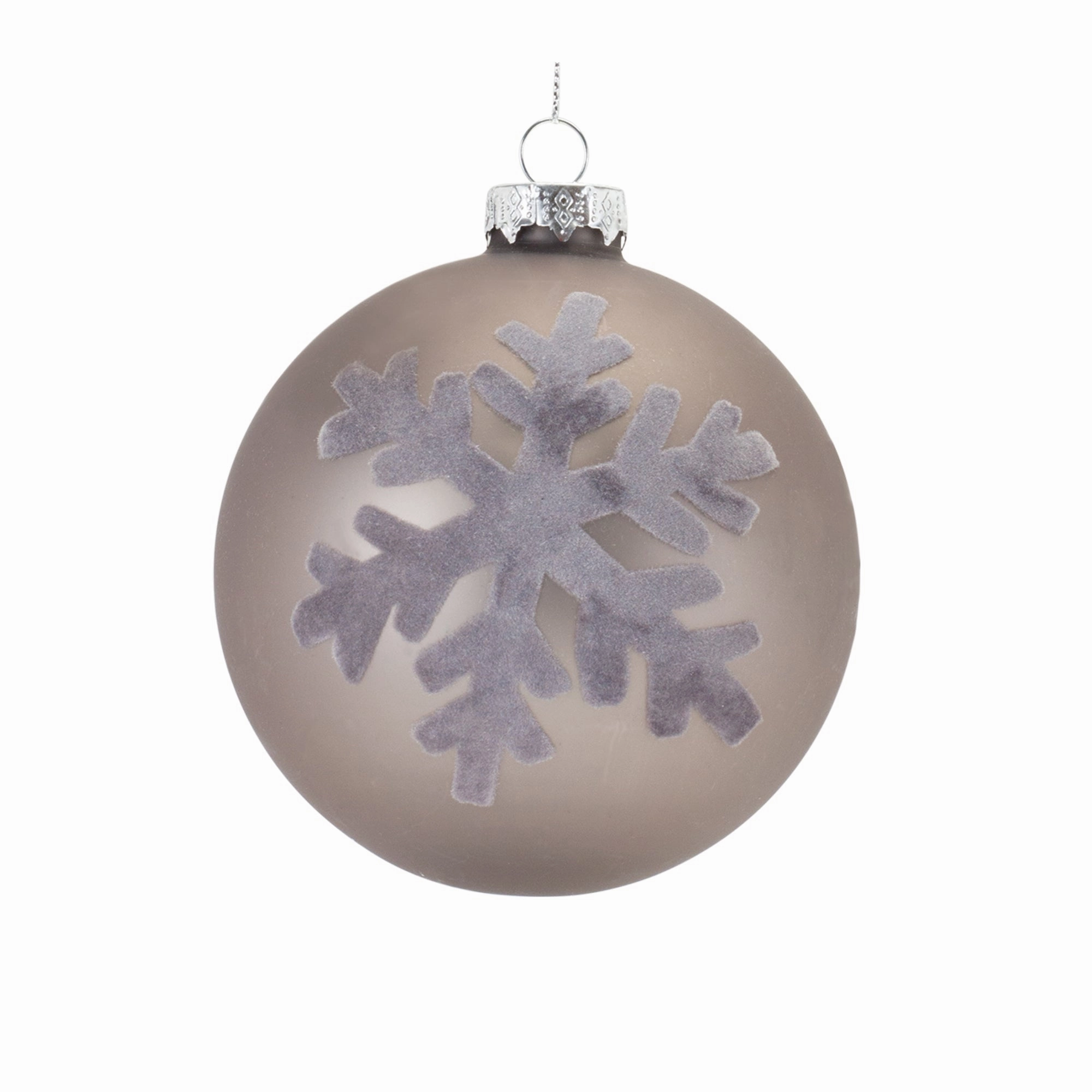 Warm Gray Glass Ball Ball Ornament w/Flocked Snowflake- 5.5 inch