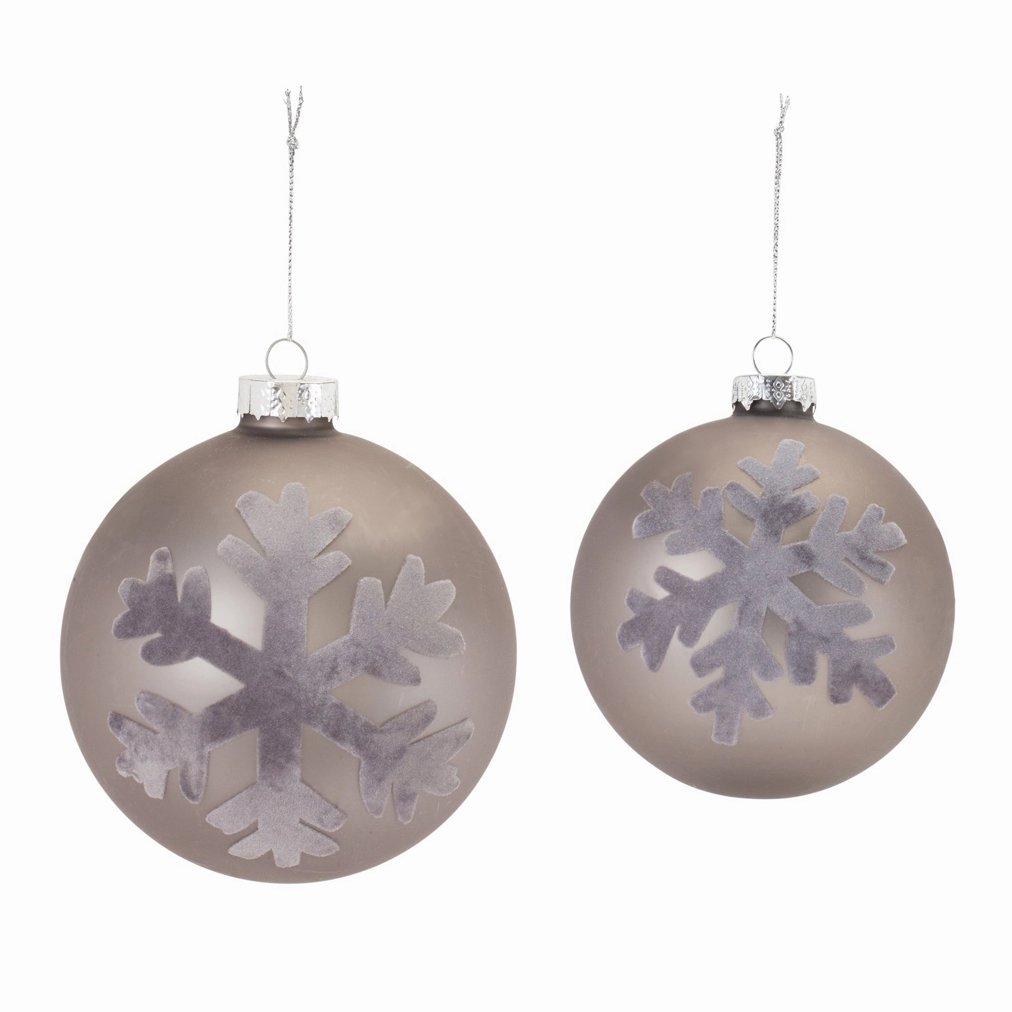 Warm Gray Glass Ball Ball Ornament w/Flocked Snowflake- 5.5 inch