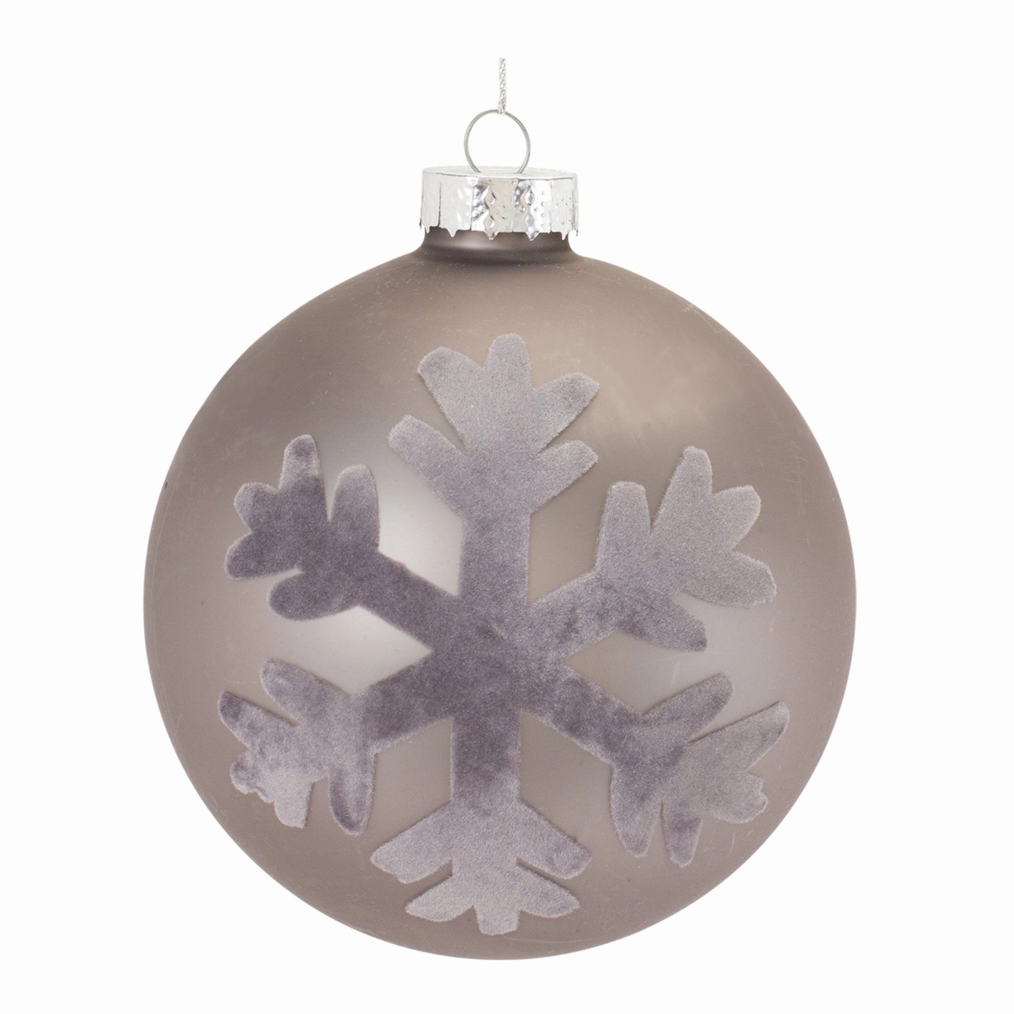 Warm Gray Glass Ball Ball Ornament w/Flocked Snowflake- 5.5 inch