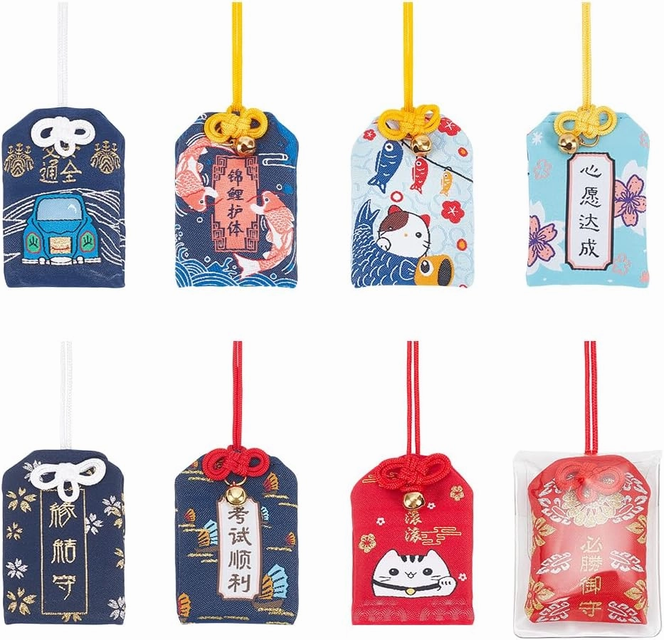 WEBEEDY 8 Pieces Japanese Omamori Amulet Good Luck Hanging Sachet Lucky Amulet Charms Blessing Bag Pendant for Career/Love/Success/Traffic Safety/Wealth/Dream/Good Luck Christmas Hanging Fortune Gifts