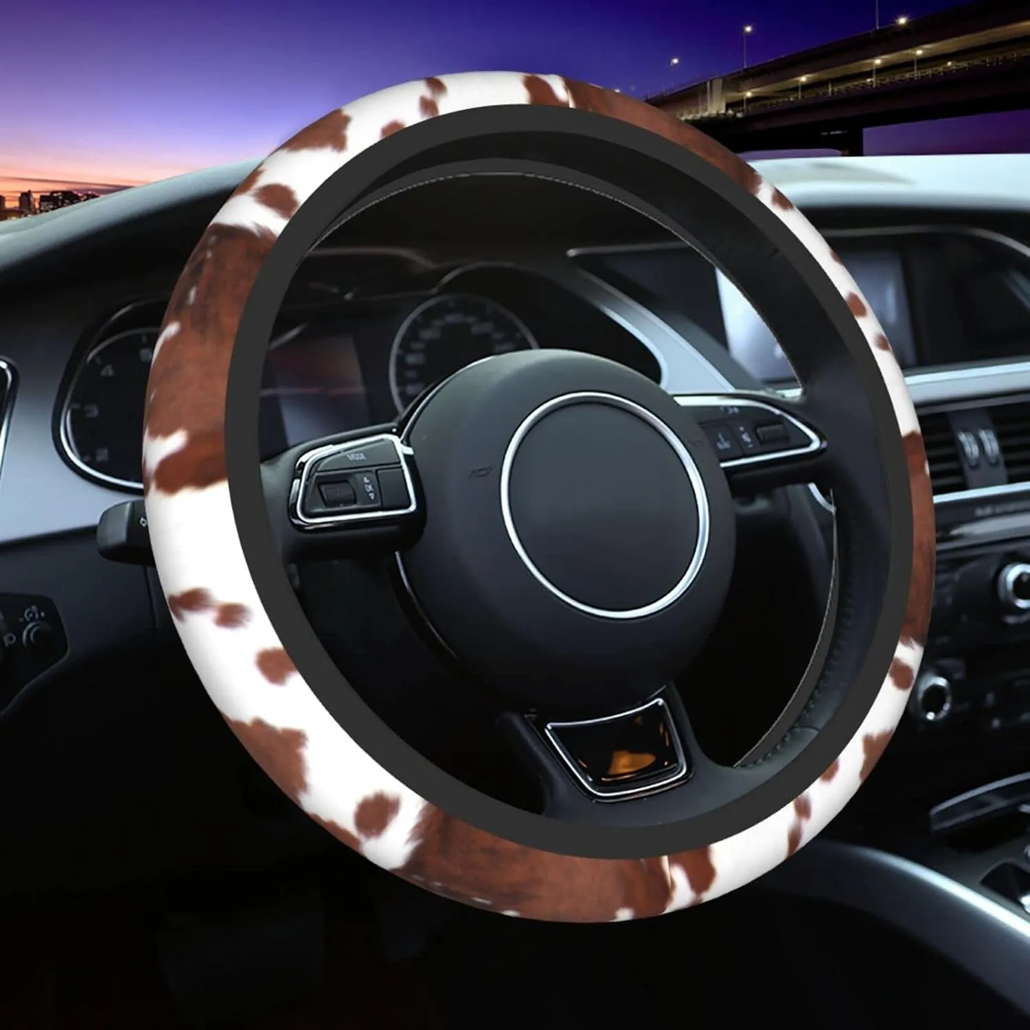 Western Cow Print Steering Wheel Cover Universal 15 Inch Brown Cowhide Animal Skin Steering Wheel Protector Covers Anti-Slip Neoprene Auto Car Accessories for Girls Women Men