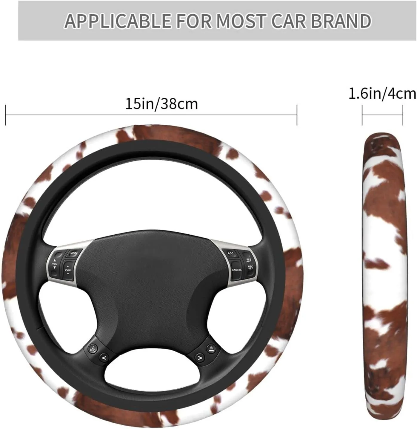 Western Cow Print Steering Wheel Cover Universal 15 Inch Brown Cowhide Animal Skin Steering Wheel Protector Covers Anti-Slip Neoprene Auto Car Accessories for Girls Women Men