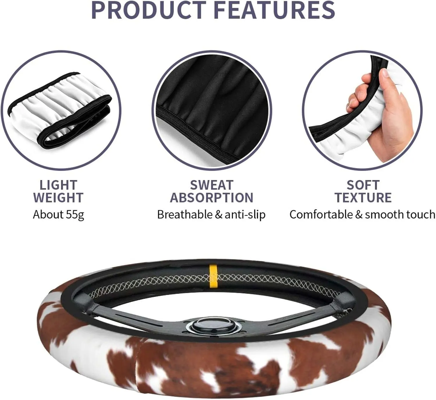 Western Cow Print Steering Wheel Cover Universal 15 Inch Brown Cowhide Animal Skin Steering Wheel Protector Covers Anti-Slip Neoprene Auto Car Accessories for Girls Women Men