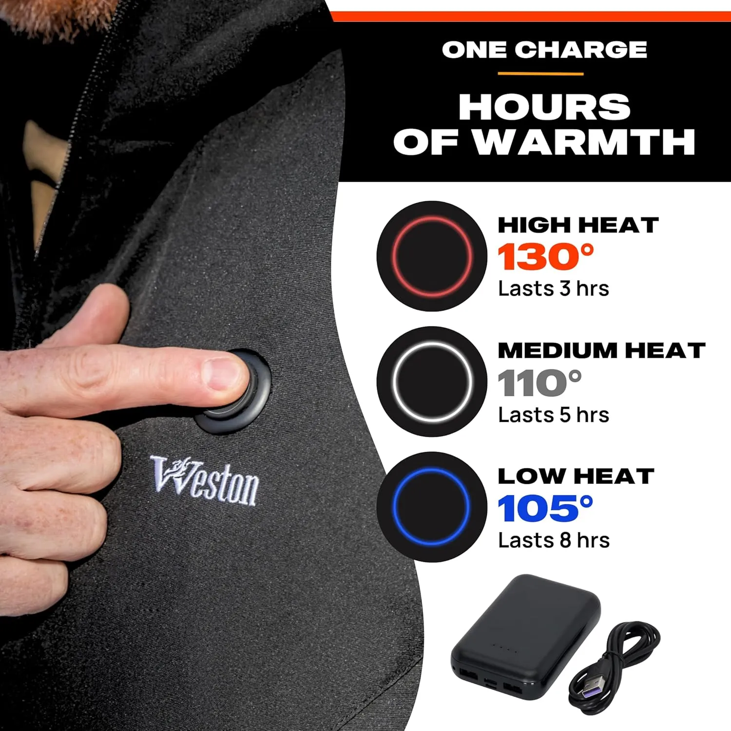WESTON Men’s Heated Coat, 4 Heating Zones, 7.4V, 4800 mAH Rechargeable Battery, 3 Adjustable Heat Levels