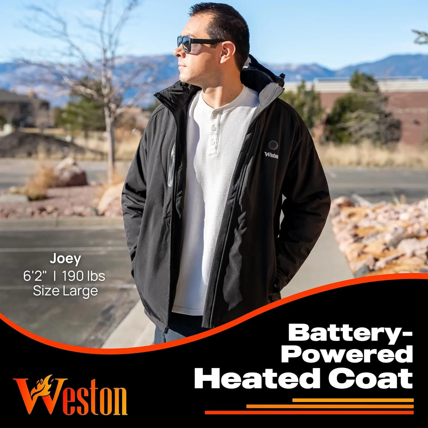 WESTON Men’s Heated Coat, 4 Heating Zones, 7.4V, 4800 mAH Rechargeable Battery, 3 Adjustable Heat Levels