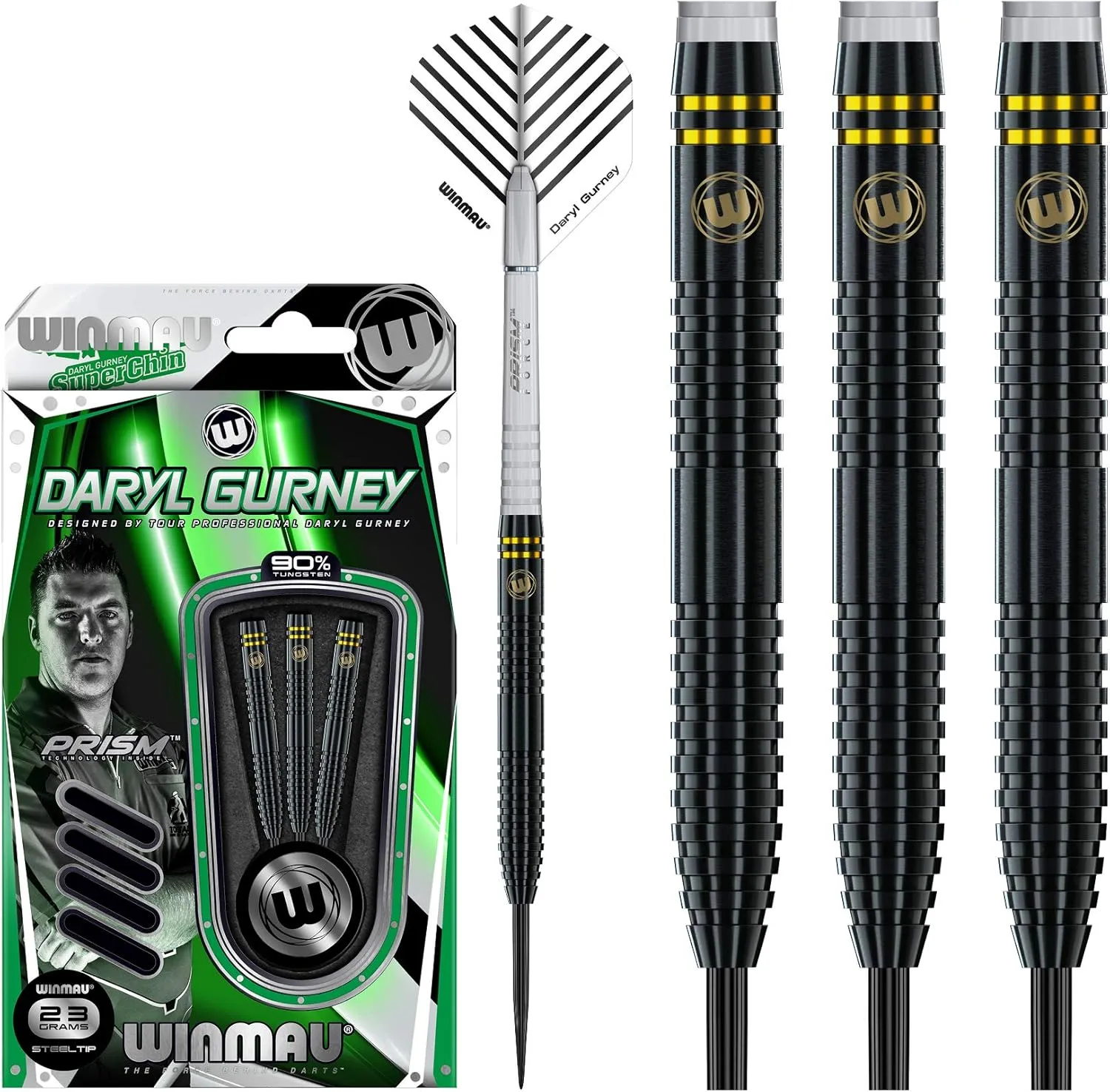 Winmau Daryl Gurney Black Special Edition Tungsten Steeltip Darts Set 23g with Player Flights and Prism Shafts (Stems)