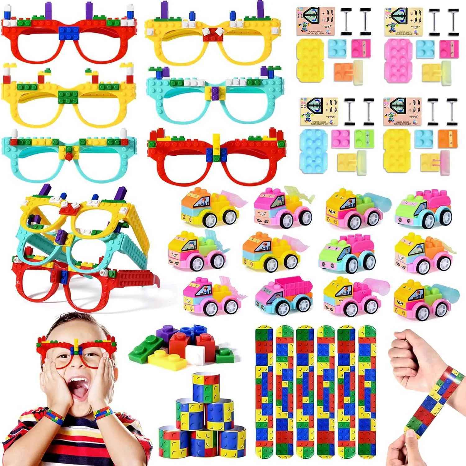 Winrayk 12 Sets Building Blocks Party Favors Birthday Supplies for Kid, DIY Building Bricks Glasses / DIY Mini Engineering Vehicle / Slap Bracelet, Teen Girls Boys Game Valentine Gift Classroom Prizes