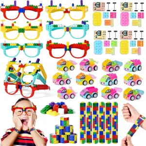 Winrayk 12 Sets Building Blocks Party Favors Birthday Supplies for Kid, DIY Building Bricks Glasses / DIY Mini Engineering Vehicle / Slap Bracelet, Teen Girls Boys Game Valentine Gift Classroom Prizes
