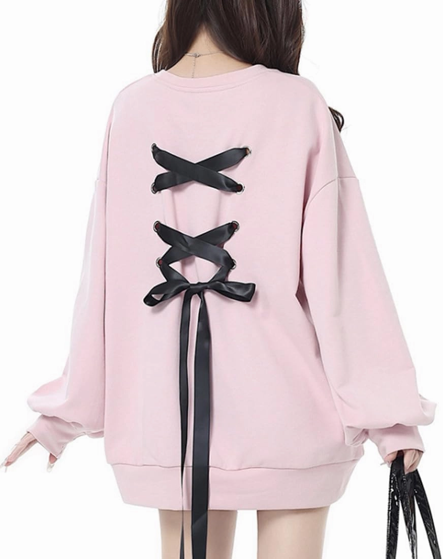 Women Back Lace Up Sweatshirt Long Sleeve Crew Neck Pullover Cute Style Outwear