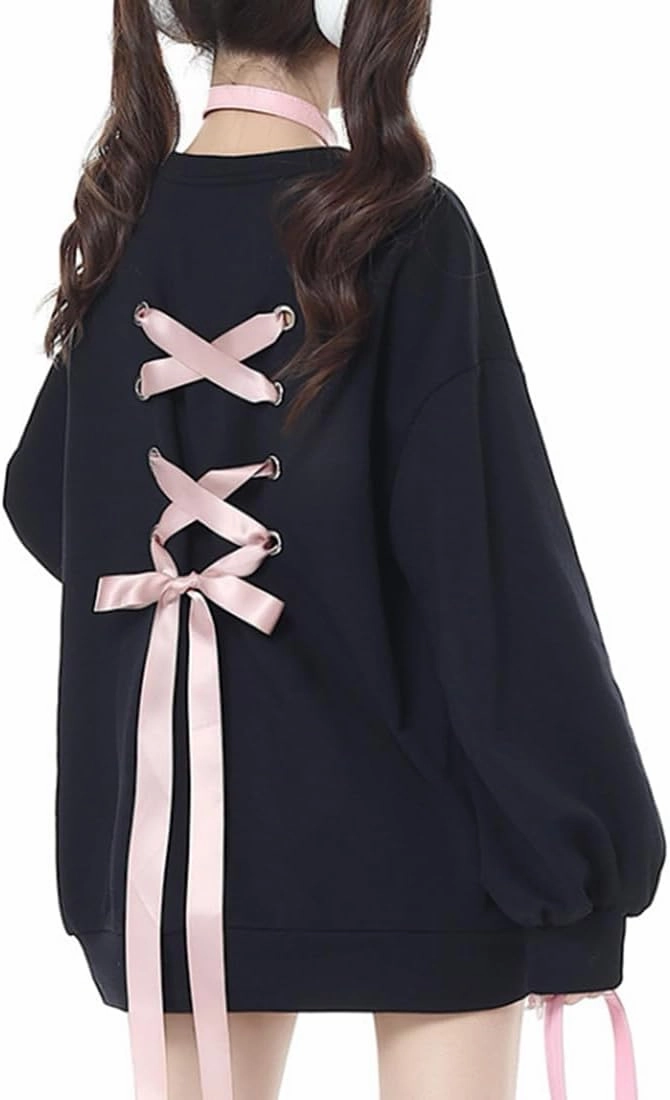 Women Back Lace Up Sweatshirt Long Sleeve Crew Neck Pullover Cute Style Outwear