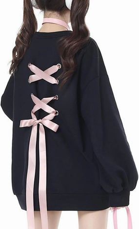 Women Back Lace Up Sweatshirt Long Sleeve Crew Neck Pullover Cute Style Outwear