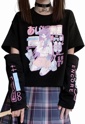 Women Girl Anime Casual Style Sweatshirt Kwaii Cartoon T-shirt Harajuku Style Streetwear