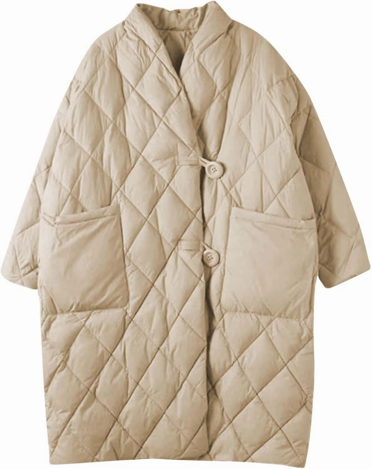 Women Long Baggy Winter Puffer Coats Collarless Cotton-Padded Jacket Button Long Sleeve Pockets Warm Quilted Outerwear