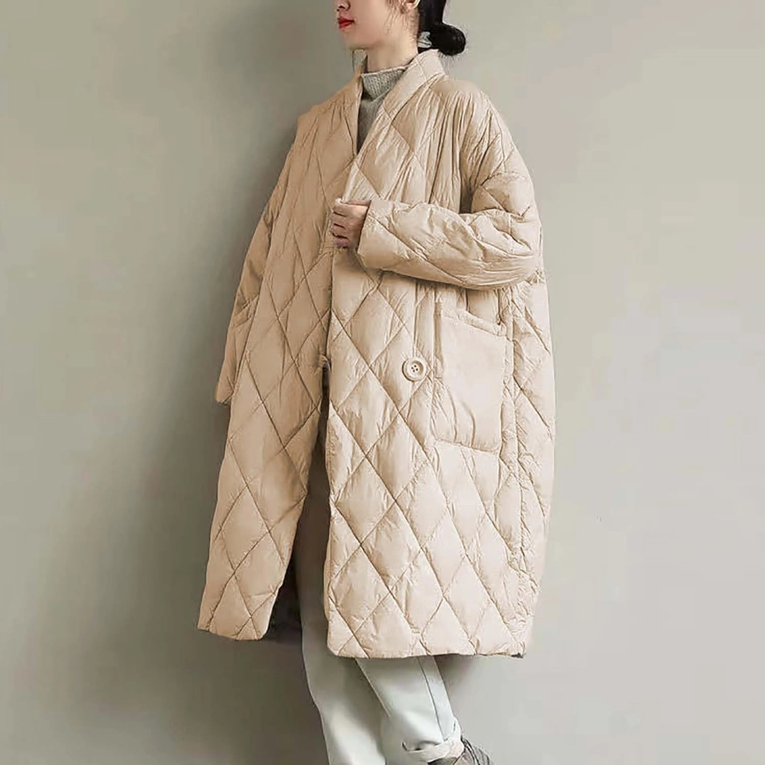 Women Long Baggy Winter Puffer Coats Collarless Cotton-Padded Jacket Button Long Sleeve Pockets Warm Quilted Outerwear
