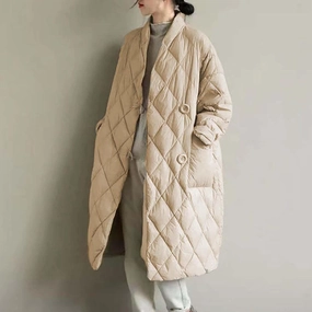 Women Long Baggy Winter Puffer Coats Collarless Cotton-Padded Jacket Button Long Sleeve Pockets Warm Quilted Outerwear