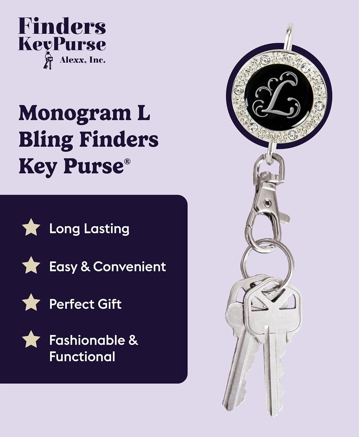 Women’s Bag Charm Key Finder, Car Keychain Hook, Cute Purse Organizer & Tote Bag Accessories, Gifts for Mom - Monogram Letter