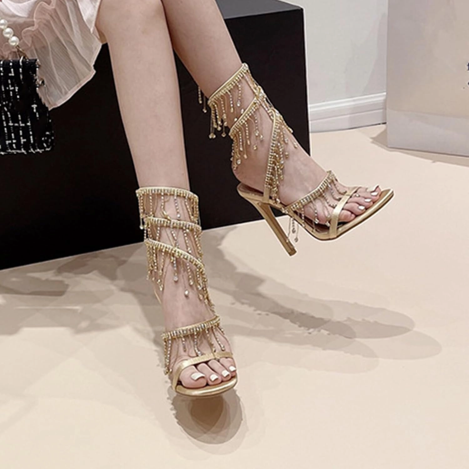 Women's Chandelier Embellished Rhinestone Spiral Coil Wrap Around Stiletto Heels Wedding Prom Evening Pumps Shoes