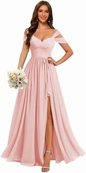 Women’s Chiffon Bridesmaid Dress with Slit Floor Length Off Shoulder Wedding Prom Dresses V-Neck Formal Gowns with Belt RCL03