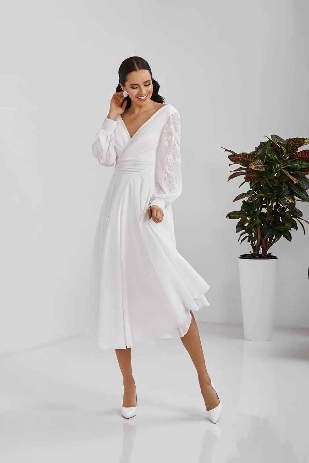 Women's Long Sleeves Tea Length Wedding Dress for Bride Chiffon V Neck A Line Midi Bridal Dress for Women
