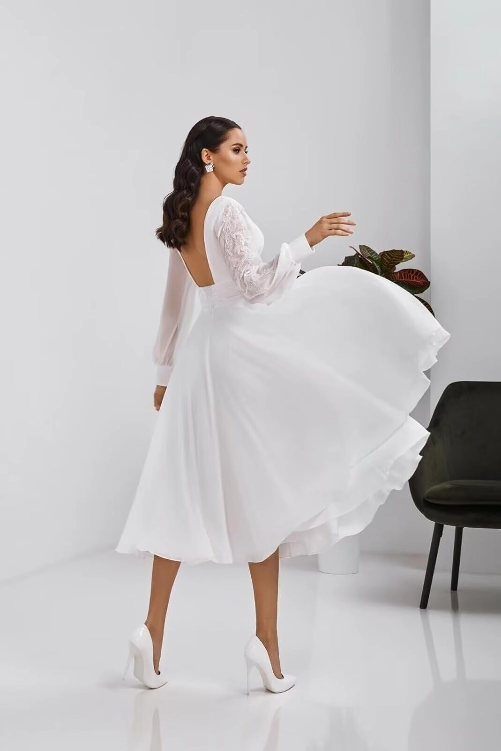 Women's Long Sleeves Tea Length Wedding Dress for Bride Chiffon V Neck A Line Midi Bridal Dress for Women