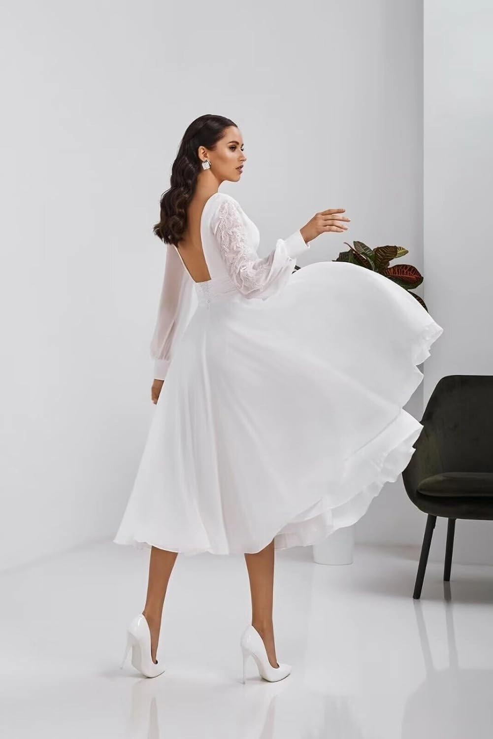 Women's Long Sleeves Tea Length Wedding Dress for Bride Chiffon V Neck A Line Midi Bridal Dress for Women