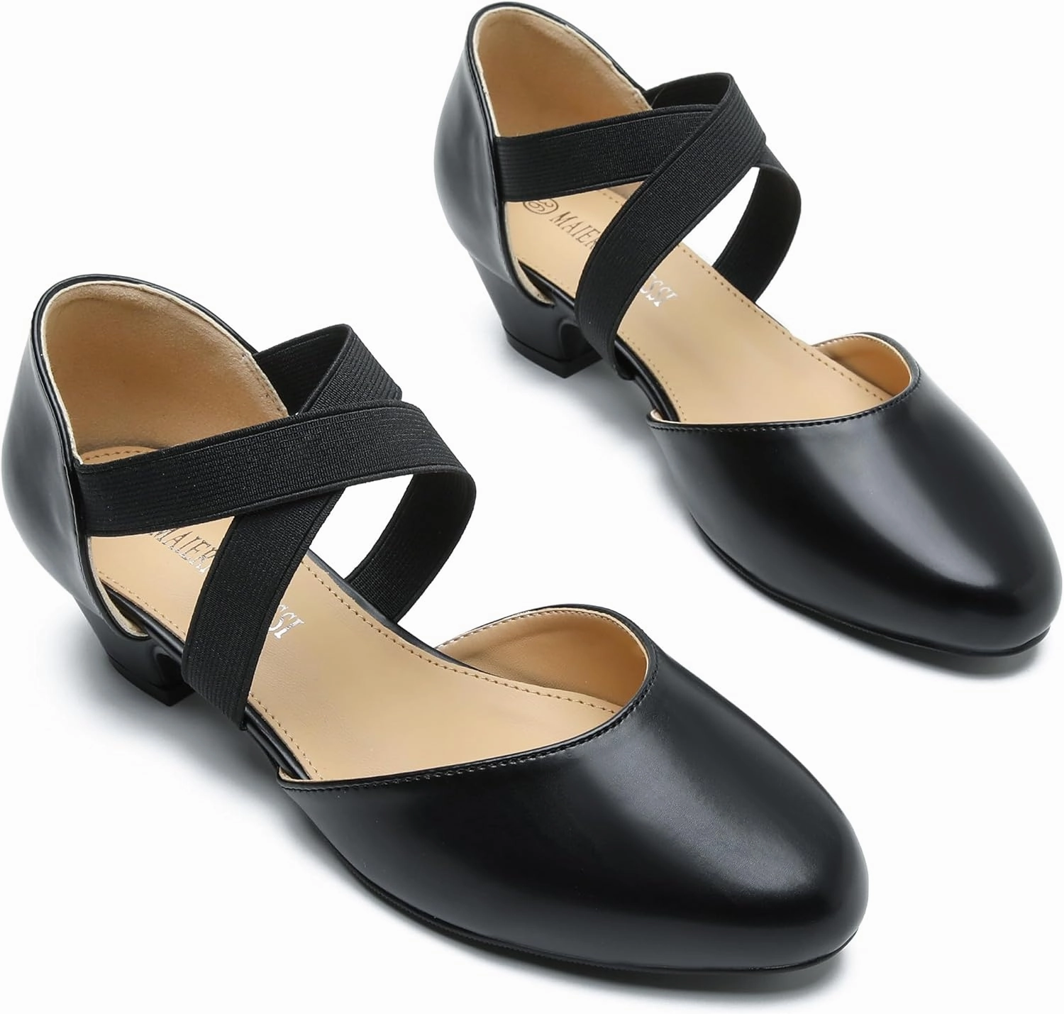 Women's Low Chunky Heel Pumps Elastic Crisscross Strap Pull On Dress Dance Shoes