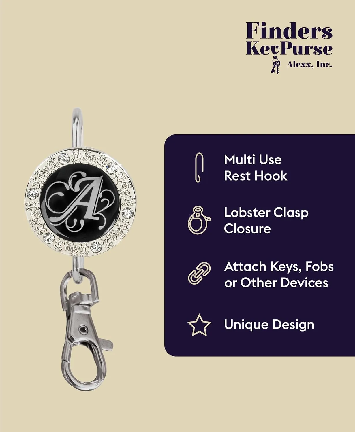 Women’s Bag Charm Key Finder, Car Keychain Hook, Cute Purse Organizer & Tote Bag Accessories, Gifts for Mom - Monogram Letter