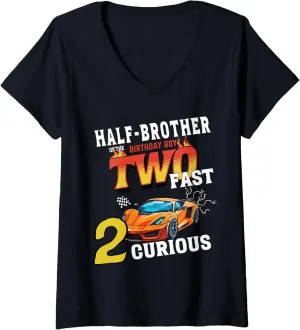 Womens Half-brother Of The Two Years Old Birthday Boy Racing Car V-Neck T-Shirt